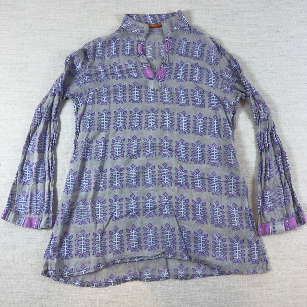 Oliphant Grey Purple Block Print Cotton Voile Tunic Top Medium